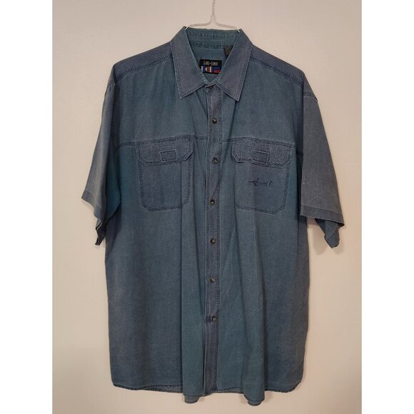 Against‎ The Elements Shirt Button Up Blue Heathered Fish Shark Pockets 2XL - Picture 1 of 11